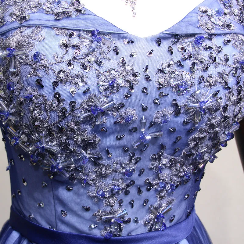 Blue Beaded Off Shoulder Long Tulle Junior Prom Dress, Prom Gowns, New Style Formal Dress