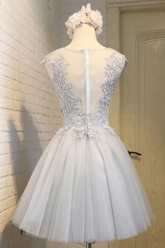 Grey Round Neckline Knee Length Party Dress, Grey Homecoming Dresses